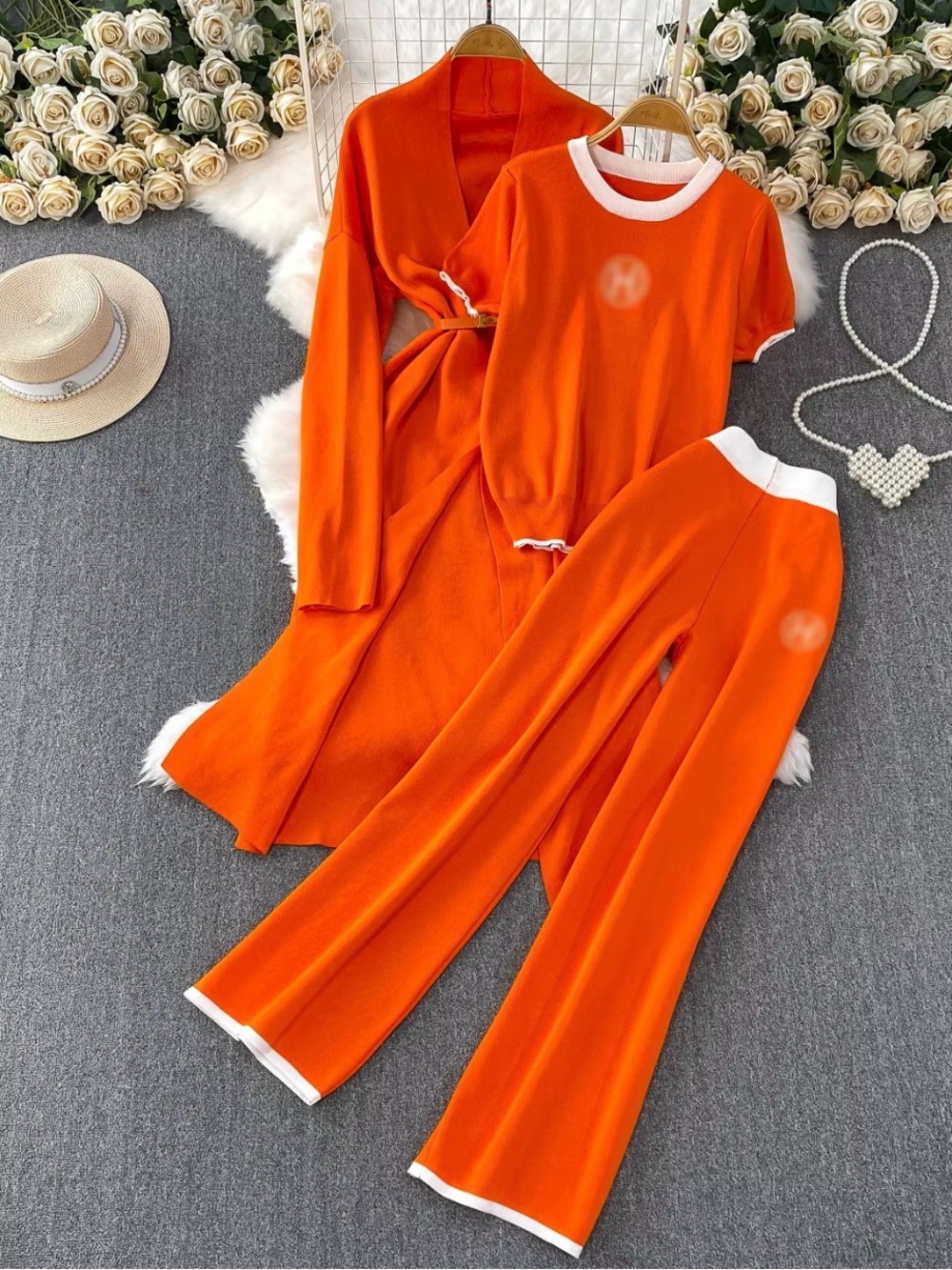 Orange 3 piece Knit Set: Cardigan Short sleeve top and Matching Wide Leg pants S